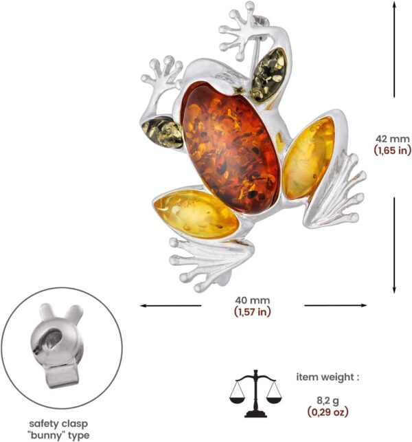 Women’s Brooch, Polished Sterling Silver, Colourful Baltic Amber, Large Frog Brooch with Amber in Three Colours - Image 2
