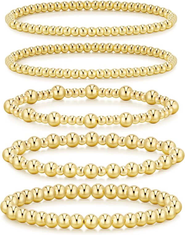Gold Bracelets for Women, 14K Gold Plated Beaded Bracelets Gold Strand Bead Ball Bracelet stack Set Adjustable Bracelet Set Jewelry for Gifts