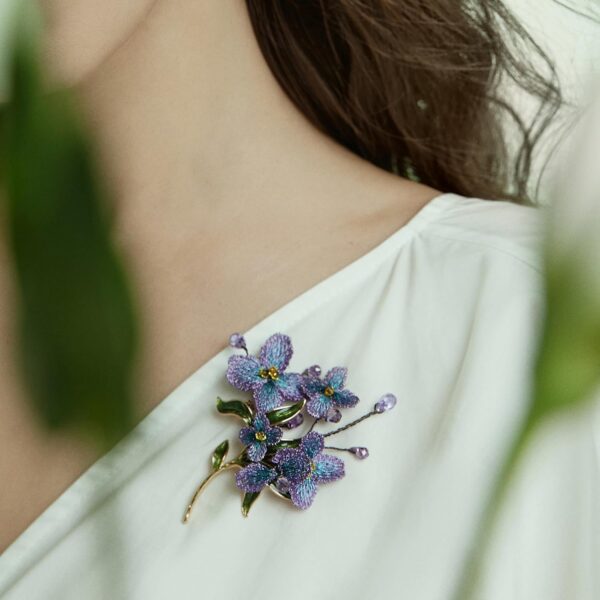 Forget me not Flower Brooch Handmade Gold Thread Embroidered and hand-Drip Enamel leaf, Gradient Botanical Floral Brooch pins for women, SHE'S FREE STYLE JUST FOR YOU [Bencao Gangmu Series]Vintage Plant Jewelry - Image 2