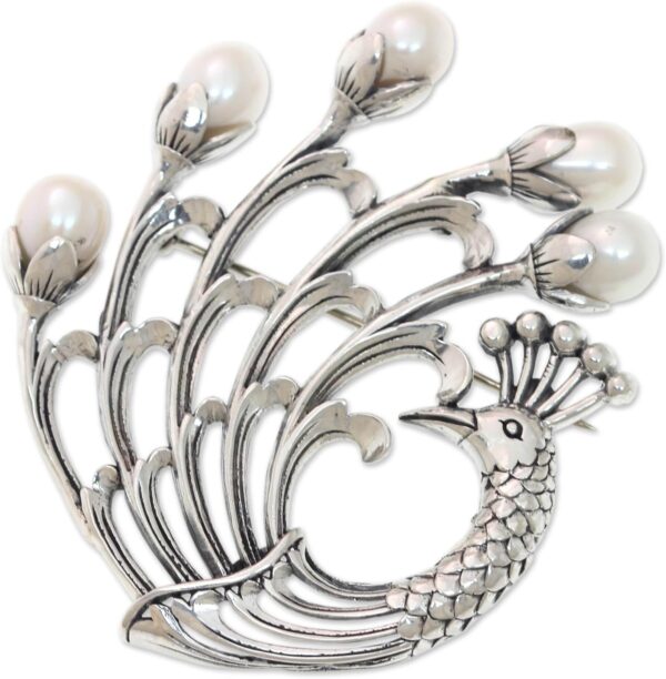 Artisan Handmade Cultured Freshwater Pearl Brooch Pin Sterling Silver Peacock with Pearls White Indonesia Animal Themed Birthstone Birdpeacock [2.4 in L x 2.2 in W x 0.4 in D] ' Resplendent